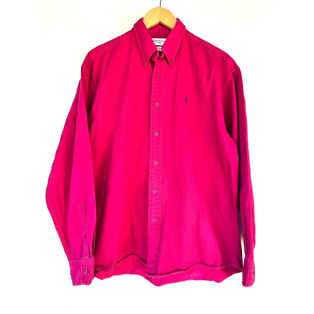 Vintage Yves Saint Laurent Oversized Button Down Fuchsia Pink YSL Logo Shirt Med - Picture 3 of 9
